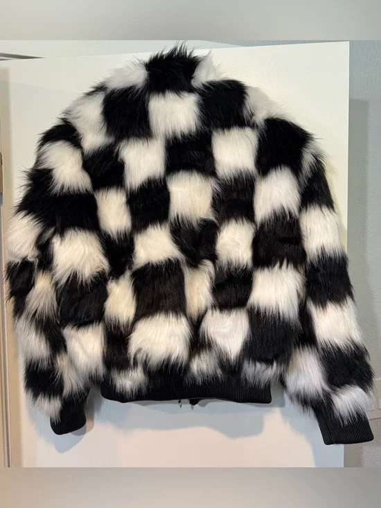 SMFK Plan C Checkered Faux Fur Bomber Jacket Black White Size 1 - Picture 6 of 13